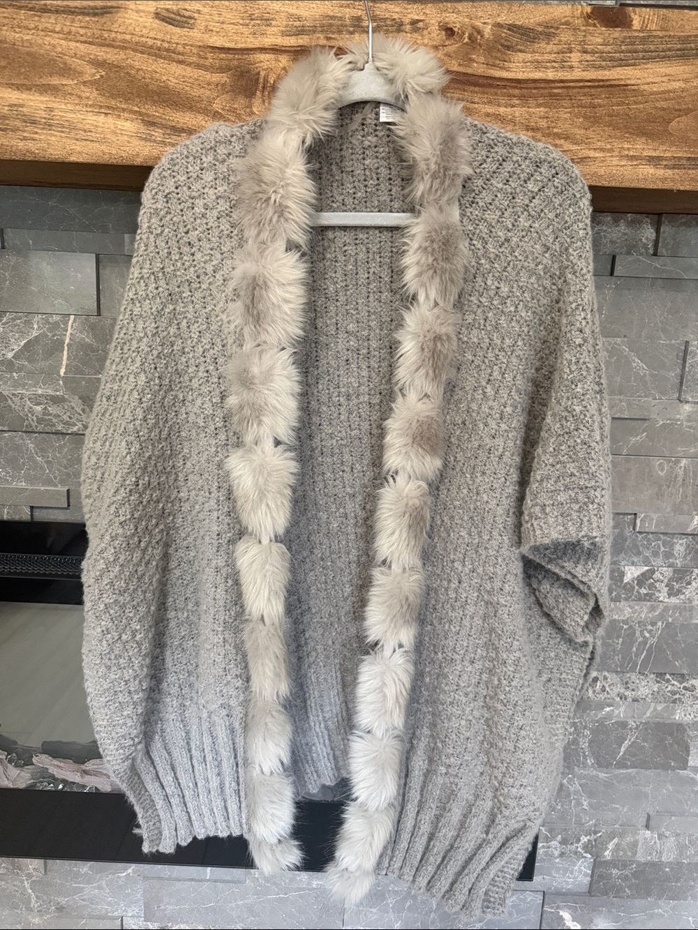 Source Unknown Plush-Trim Open Knit Cardigan - Light Gray